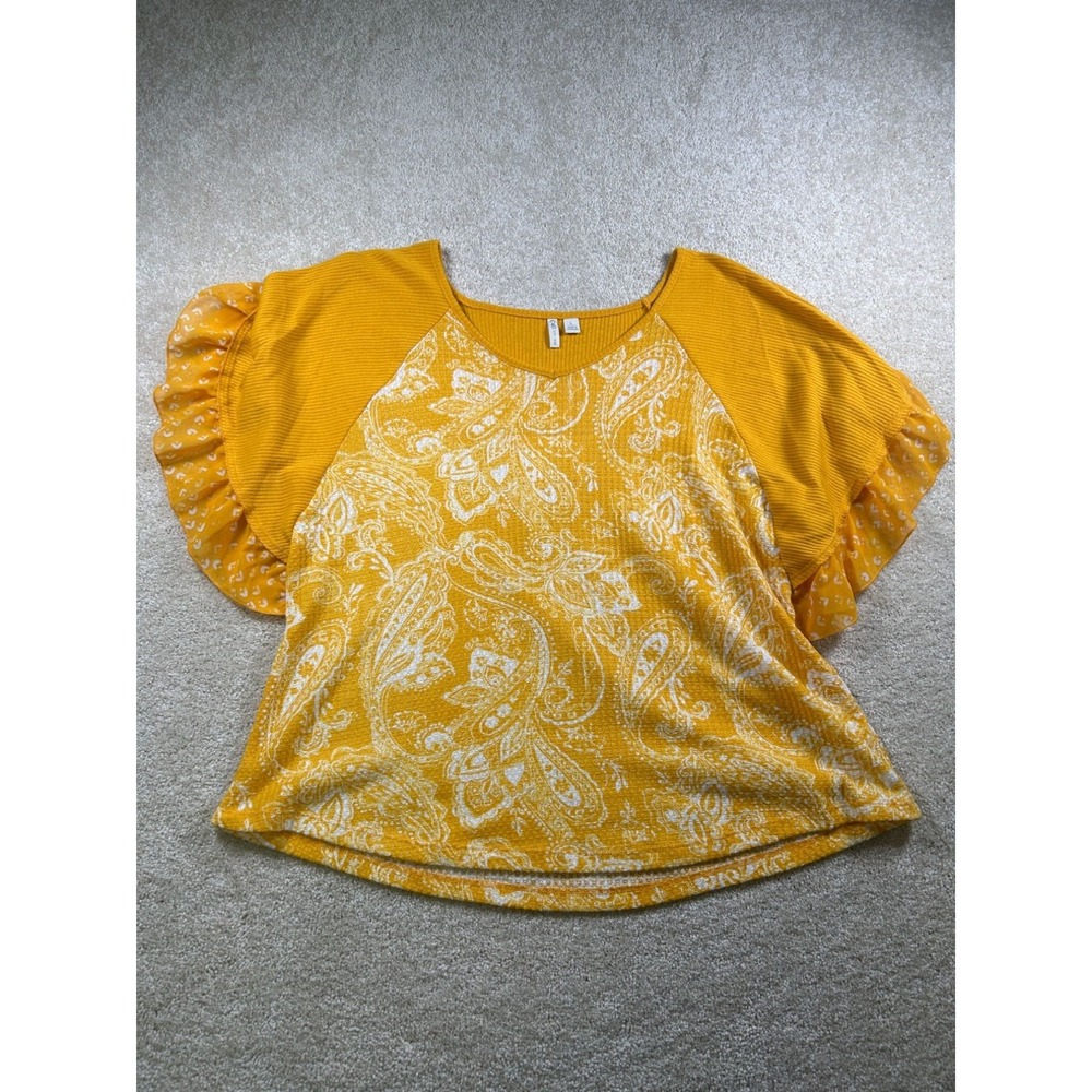 Chaps Womens Paisley Print Flutter Sleeve Top L Yellow & White